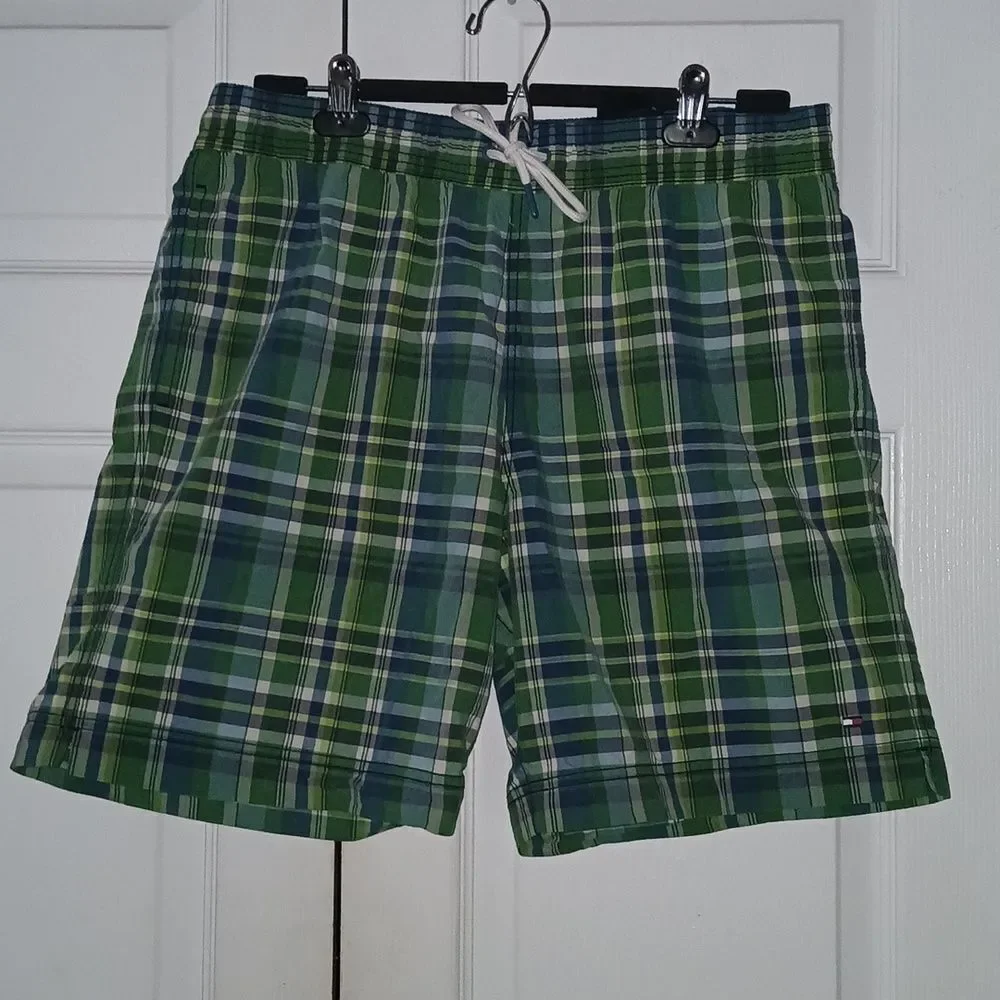 Tommy Hilfiger green blue plaid swim trunks bathing suit Sz L NWOT